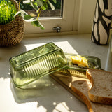 Vintage Ribbed Green Glass Butter Dish with Lid - Home Deco London