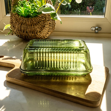 Vintage Ribbed Green Glass Butter Dish with Lid - Home Deco London
