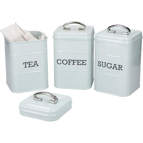KitchenCraft Living Nostalgia Canisters for Tea Coffee and Sugar in Gift Box, Steel, Vintage Blue, 3 Piece Set