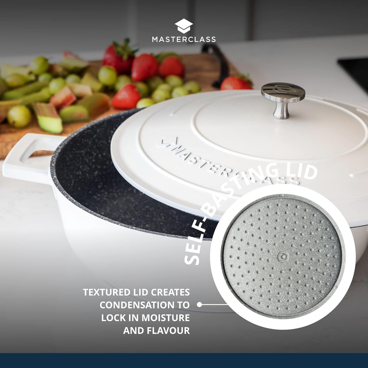MasterClass Shallow Casserole Dish with Lid, Hob to Oven to Table Casserole Pan, Ultra Lightweight, Optimum Heat Conduction, 4L, Cream