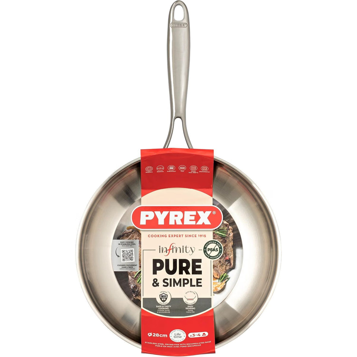 Pyrex Infinity Stainless Steel Frying Pan 28 cm, 18/10 Uncoated Steel, PFAS Free, Induction and Oven Safe, Fixed Handle, Brushed Finish