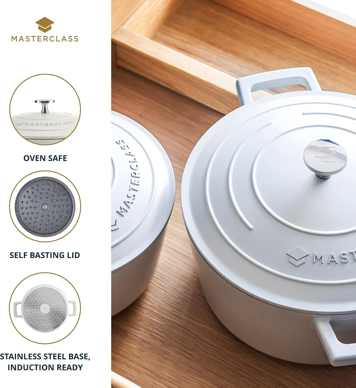 MasterClass Small Casserole Dish with Lid 2.5L/20 cm, Lightweight Cast Aluminium, Induction Hob and Oven Safe, Cream