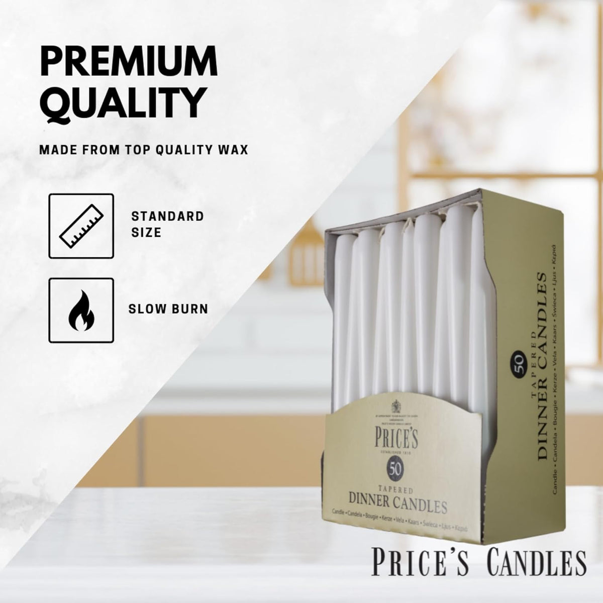 Price's Candles White Tapered Dinner Candles Pack of 50