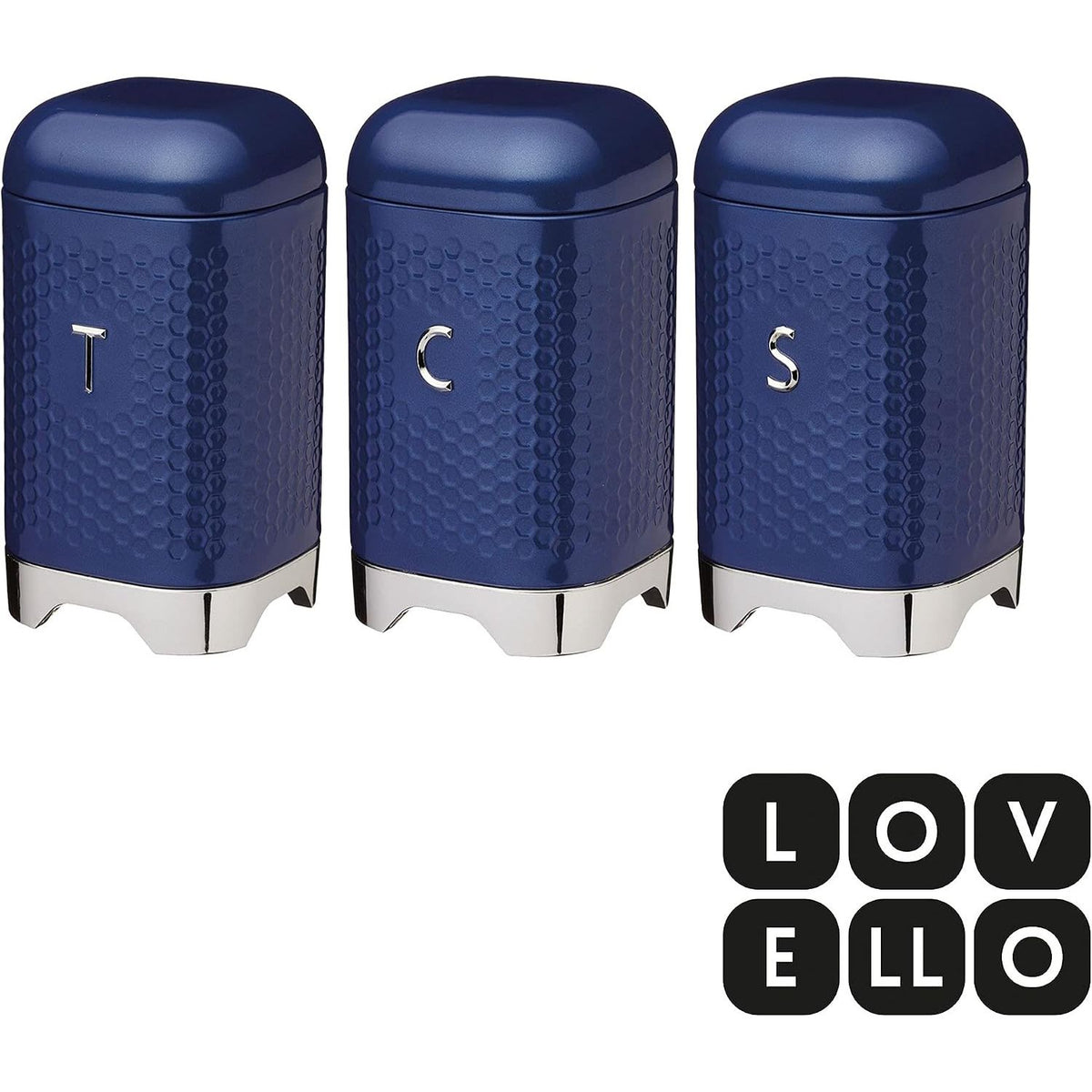 Lovello Storage Canisters for Tea Coffee and Sugar in Gift Box, Textured Hexagonal Finish, Steel, Midnight Navy