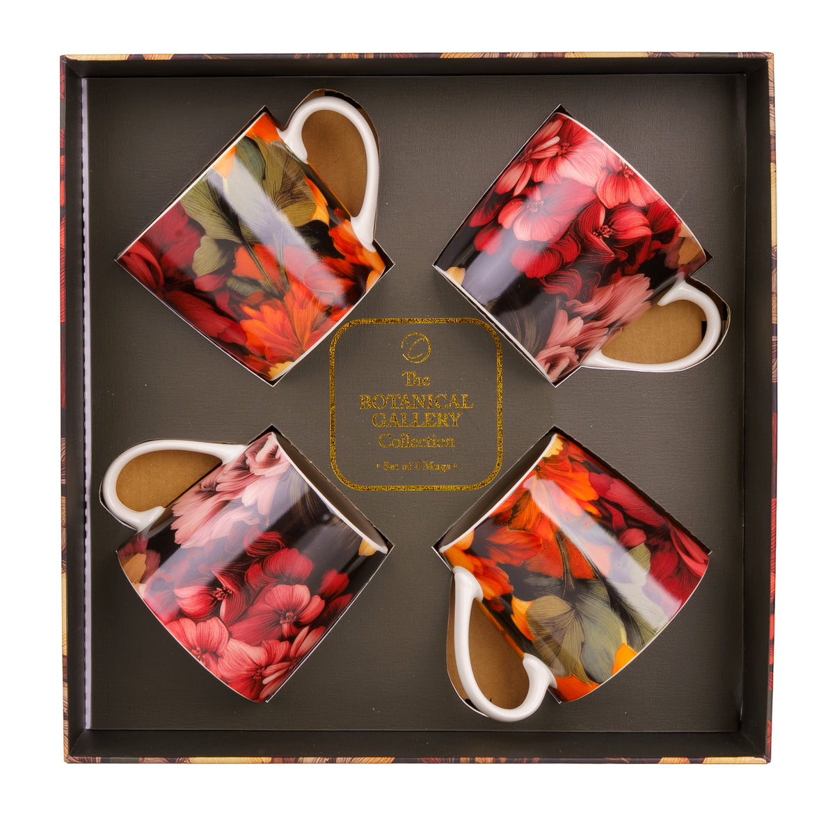 Floral Collection Reds Ceramic Mugs Set of 4 with Gift Box