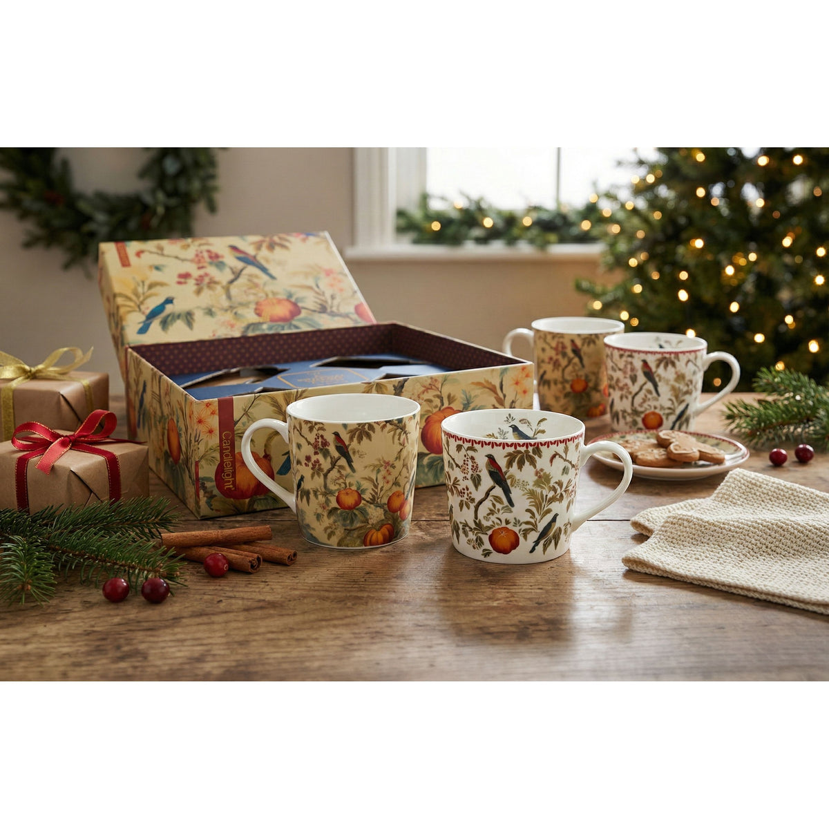 Silk Road Collection Birds Mugs Botanical Bird Print Set of 4