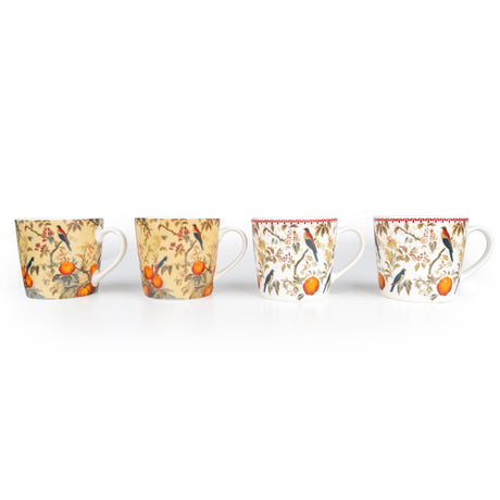 Silk Road Collection Birds Mugs Botanical Bird Print Set of 4