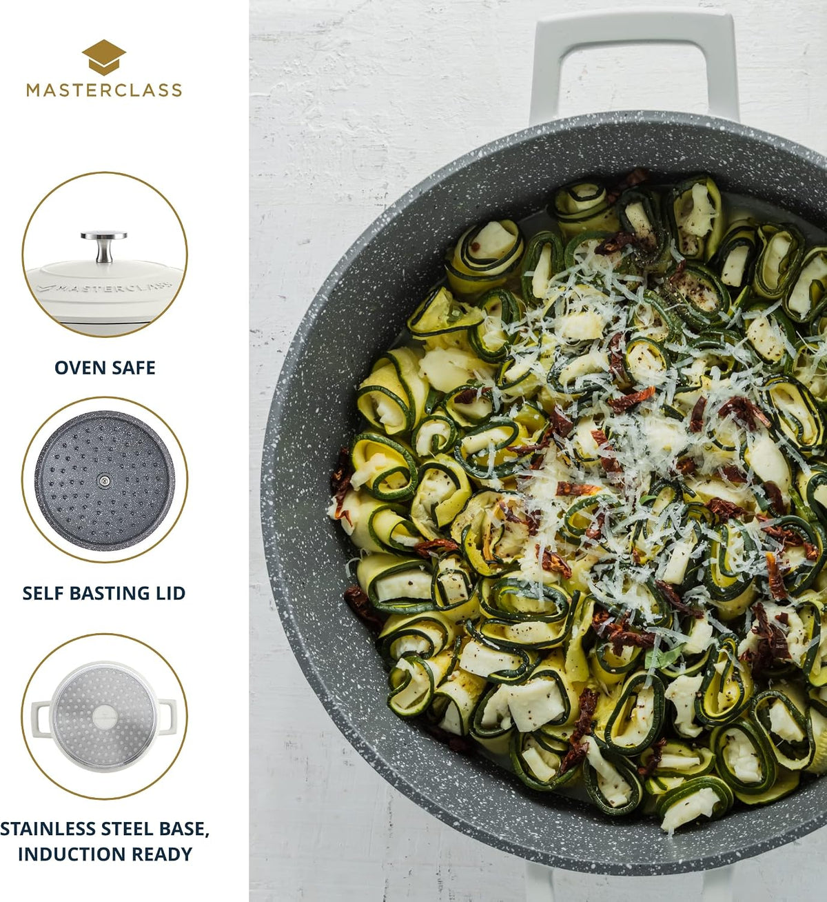 MasterClass Shallow Casserole Dish with Lid, Hob to Oven to Table Casserole Pan, Ultra Lightweight, Optimum Heat Conduction, 4L, Cream