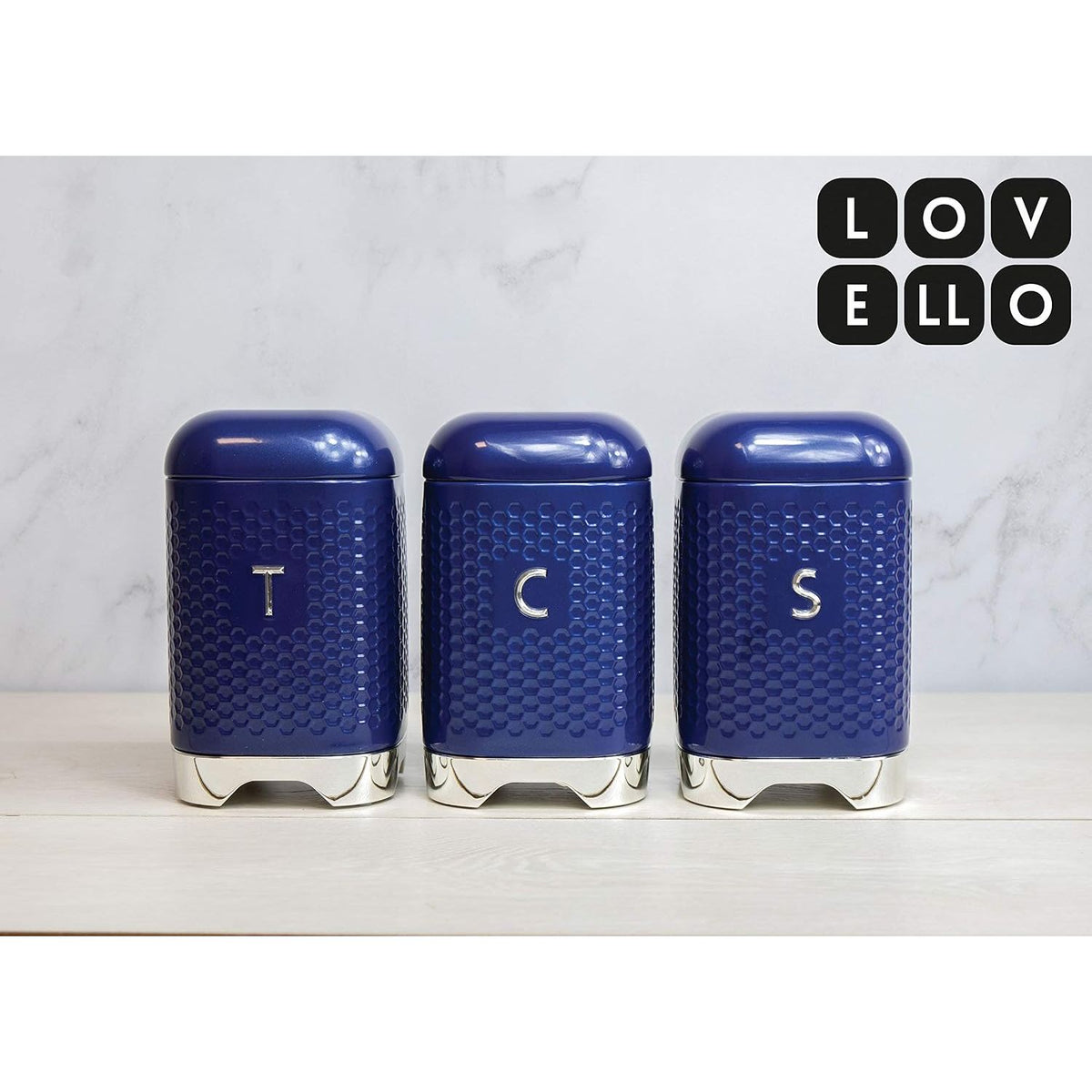 Lovello Storage Canisters for Tea Coffee and Sugar in Gift Box, Textured Hexagonal Finish, Steel, Midnight Navy