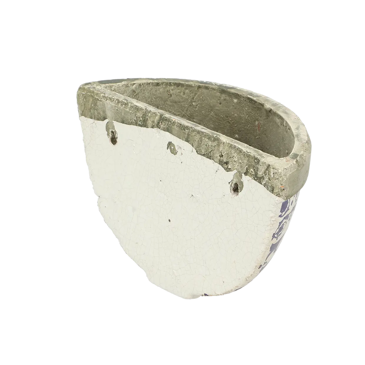 Aged ceramic wall planter with a rustic finish, perfect for home or garden decor.