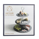 Close-up view of the Artesà Slate 3 Tier Serving Stand with natural slate platters, highlighting its rustic charm and functionality as a slate cake stand.