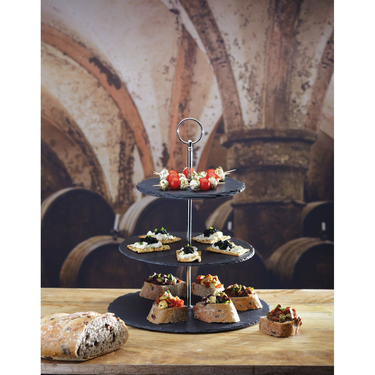Artesà Slate 3 Tier Serving Stand featuring three tiered slate plates, designed to enhance food presentation, the ultimate slate cake stand for parties.