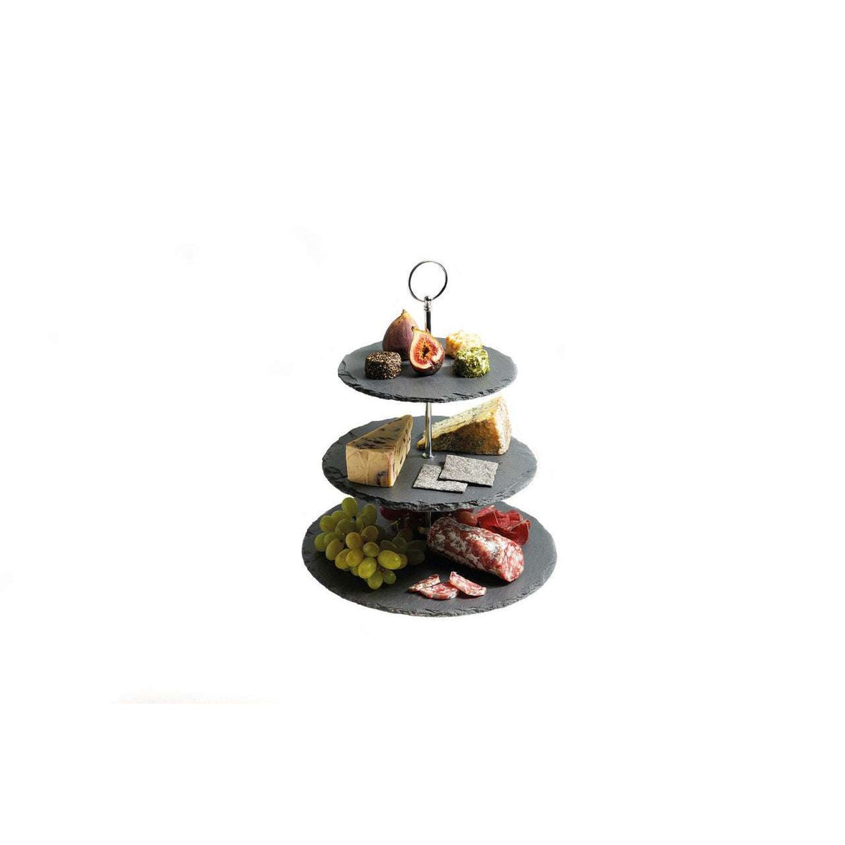 The full view of the Artesà Slate 3 Tier Serving Stand, elegantly presenting canapés and cakes, a great addition as a slate cake stand for any occasion.