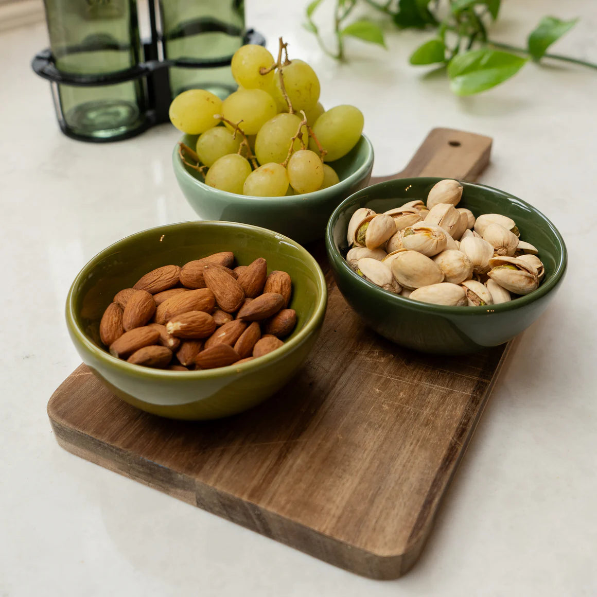 Elegant set of 3 ceramic dipping bowls in green shades with olive design, ideal for enhancing your dining experience.