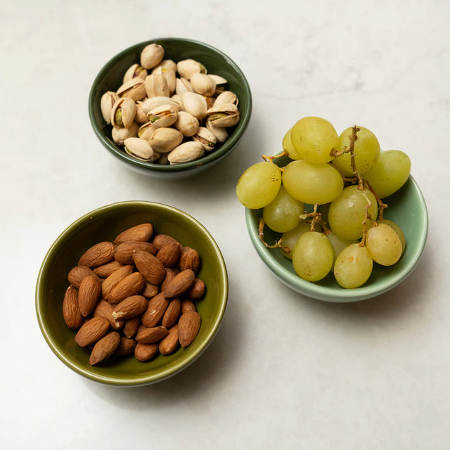 Dipping Bowls Set, Green Shades - 3-Piece Mini Bowls featuring charming olive design, perfect ceramic dipping bowls for serving sauces and dips.