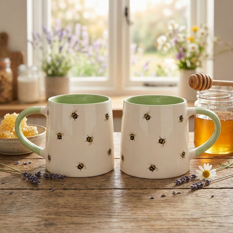 Bee Mugs Set of 2 Ceramic in Cream and Soft Green - Home Deco London