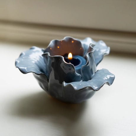 Elegant Flower Tealight Holder in Serene Blue - Ceramic Petal Design for Tranquil Ambience - Home Deco London