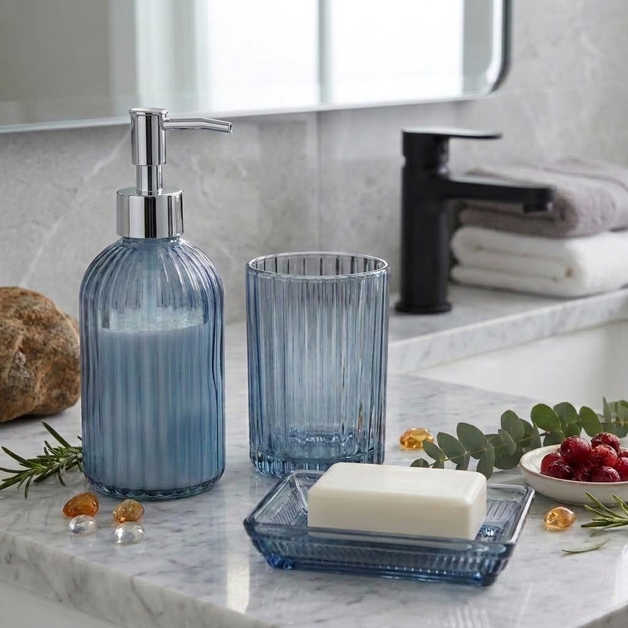 Azul Bathroom Accessories Set 3-Piece Ribbed Design Blue - Home Deco London