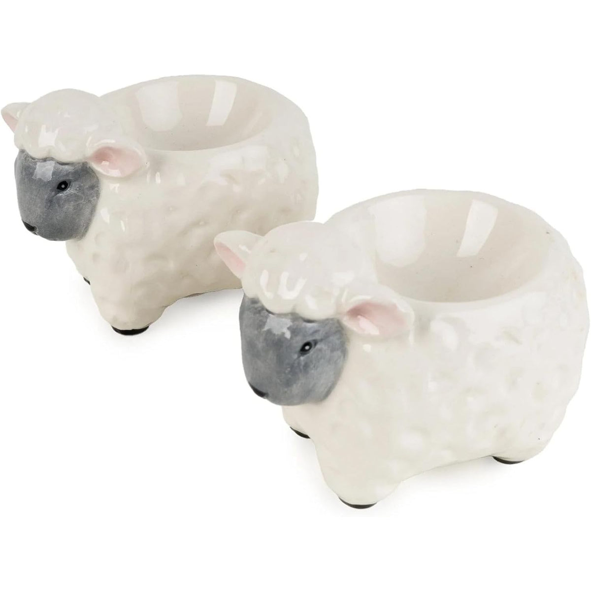 Close-up of Julia Sheep Ceramic Set of 2 Egg Cups showcasing detailed woolly texture and pink ears, perfect ceramic sheep egg cups.
