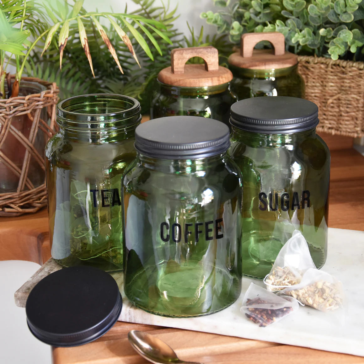 3 Pack Tea Coffee Sugar Canisters - Vintage Green Glass Jars with Black Lids for Kitchen Storage