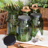 3 Pack Tea Coffee Sugar Canisters - Vintage Green Glass Jars with Black Lids for Kitchen Storage