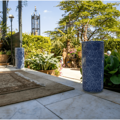 Sumatra Elegant 45cm Blue And White Cylinder Vase - Home Deco London