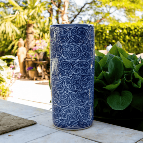 Sumatra Elegant 45cm Blue And White Cylinder Vase - Home Deco London