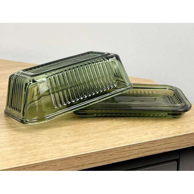 Vintage Ribbed Green Glass Butter Dish with Lid - Home Deco London