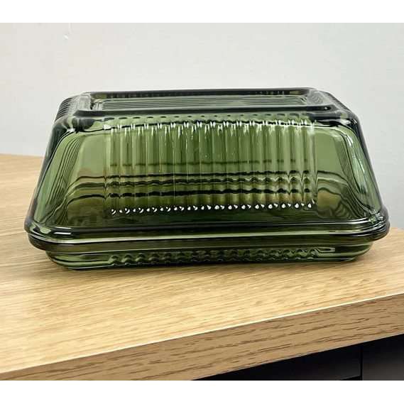 Vintage Ribbed Green Glass Butter Dish with Lid - Home Deco London