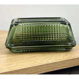 Vintage Ribbed Green Glass Butter Dish with Lid - Home Deco London