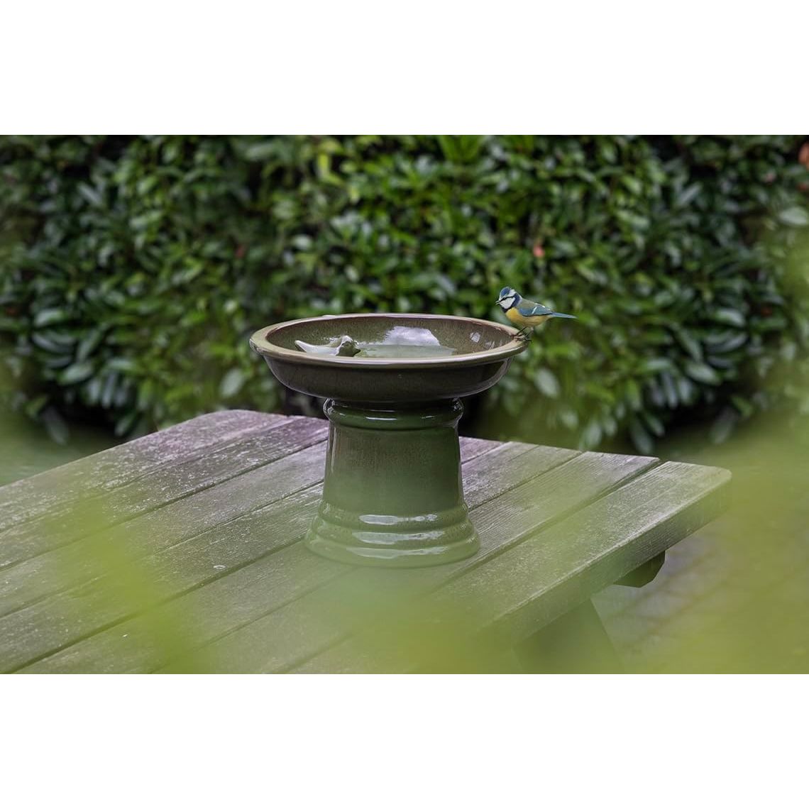 Esschert Design Small Ceramic Green Bird Bath on Pedestal - Home Deco London