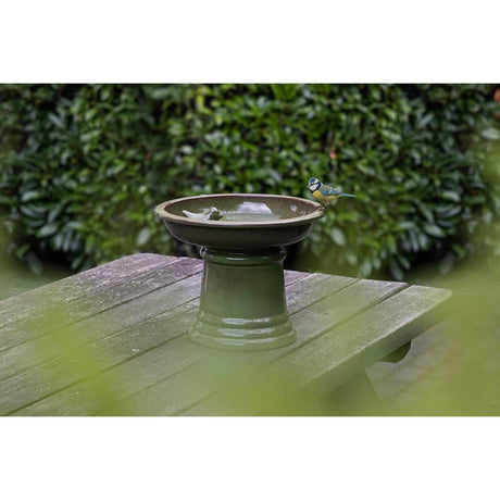 Esschert Design Small Ceramic Green Bird Bath on Pedestal - Home Deco London