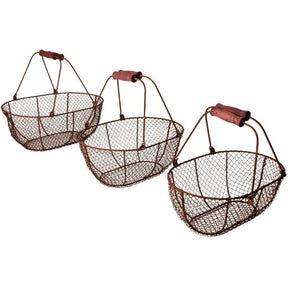 Esschert Design Set of 3 Oval Wire Baskets with Wooden Handles - Home Deco London