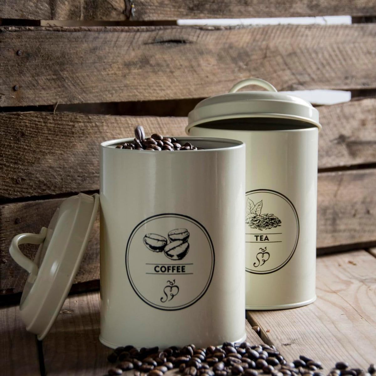 Durable food-grade metal canisters set of 3 for tea, coffee, and sugar, designed for farmhouse kitchen storage.