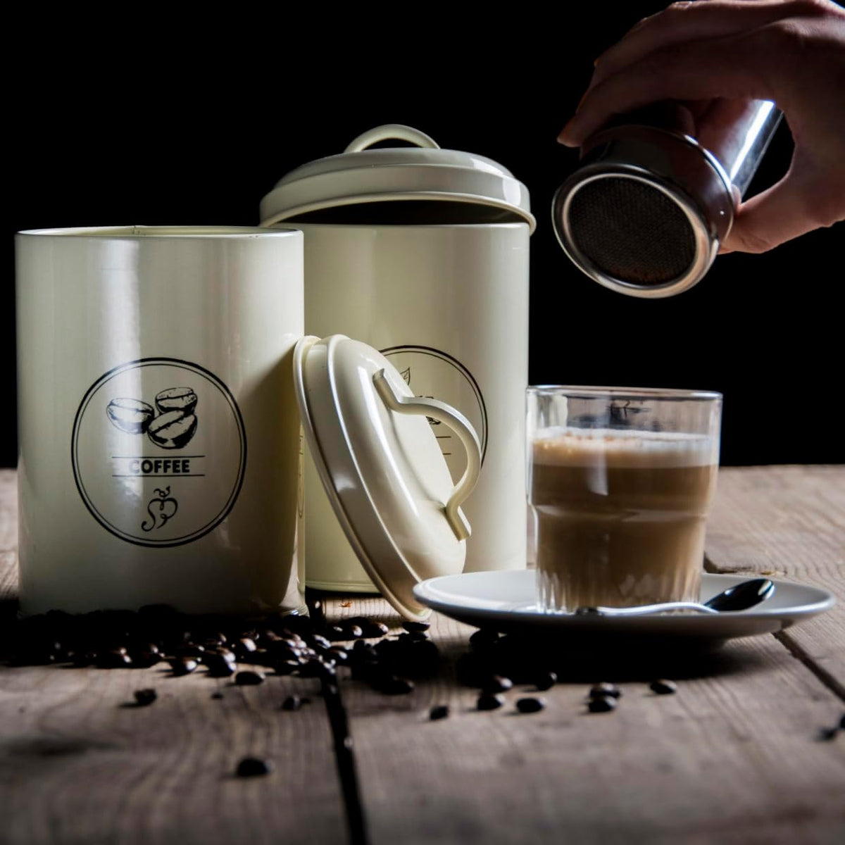 Chic farmhouse kitchen storage canisters perfect for keeping tea, coffee, and sugar fresh and accessible.