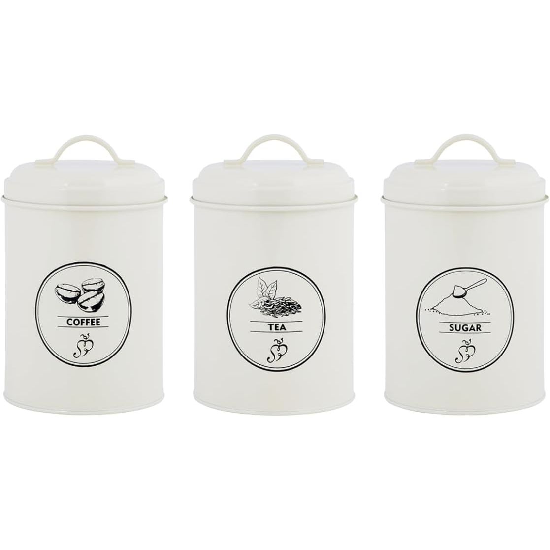 Farmhouse Vintage Design Cream Tea Coffee Sugar Canisters Set of 3, perfect for farmhouse kitchen storage.