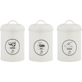 Farmhouse Vintage Design Cream Tea Coffee Sugar Canisters Set of 3, perfect for farmhouse kitchen storage.