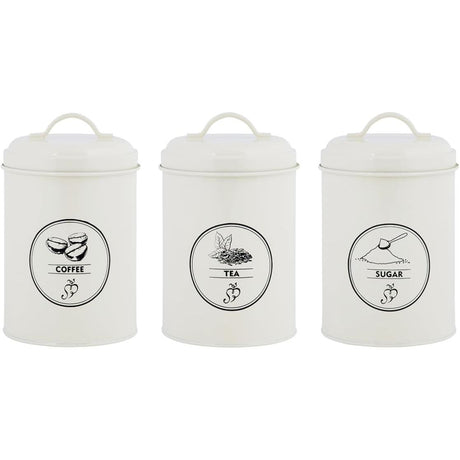Farmhouse Vintage Design Cream Tea Coffee Sugar Canisters Set of 3, perfect for farmhouse kitchen storage.