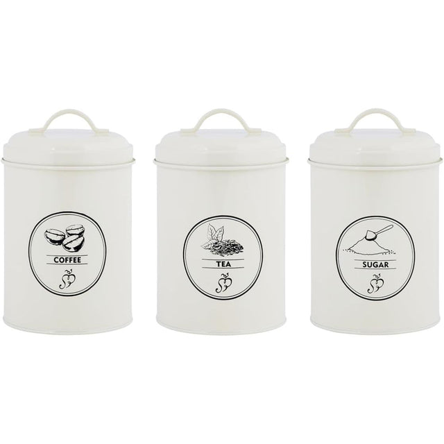 Farmhouse Vintage Design Cream Tea Coffee Sugar Canisters Set of 3, perfect for farmhouse kitchen storage.