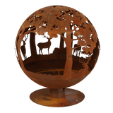 Close-up of fire ball laser cut rust woodland showcasing intricate details of this laser cut fire pit.