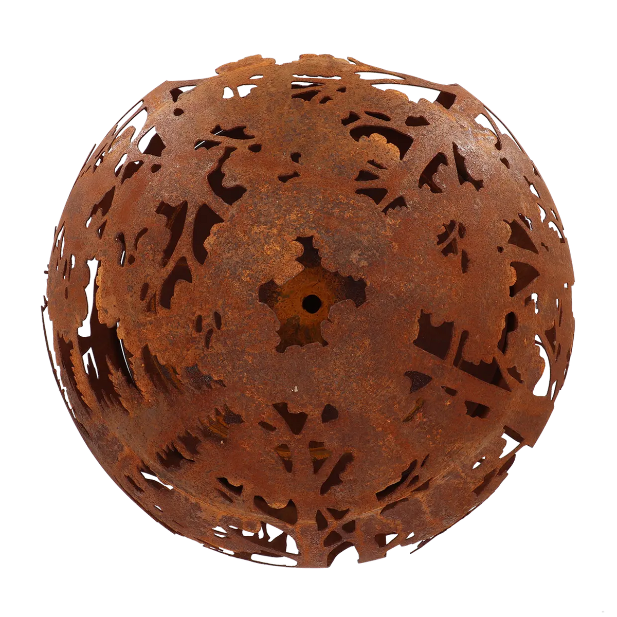 Fire ball laser cut rust woodland laser cut fire pit with flames, creating a warm atmosphere for outdoor events.