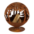 Fire ball laser cut rust woodland design showing a laser cut fire pit in a natural setting.