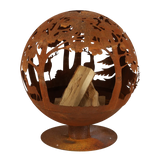 Fire ball laser cut rust woodland design showing a laser cut fire pit in a natural setting.
