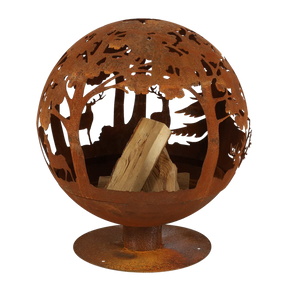 Fire ball laser cut rust woodland design showing a laser cut fire pit in a natural setting.