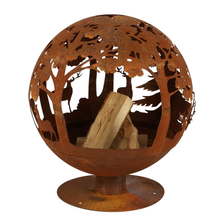 Laser Cut Fire Pit with Rustic Woodland Design - Mild Steel, 56x58x65 cm for Outdoor Gatherings - Home Deco London