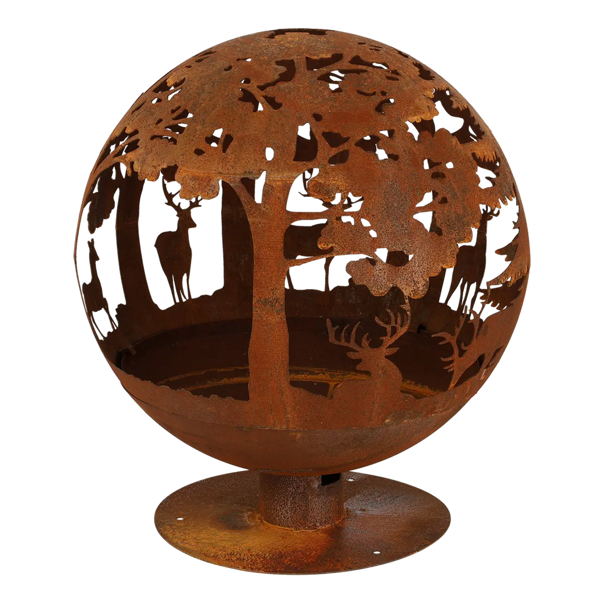 Fire ball laser cut rust woodland laser cut fire pit surrounded by natural elements in an outdoor space.