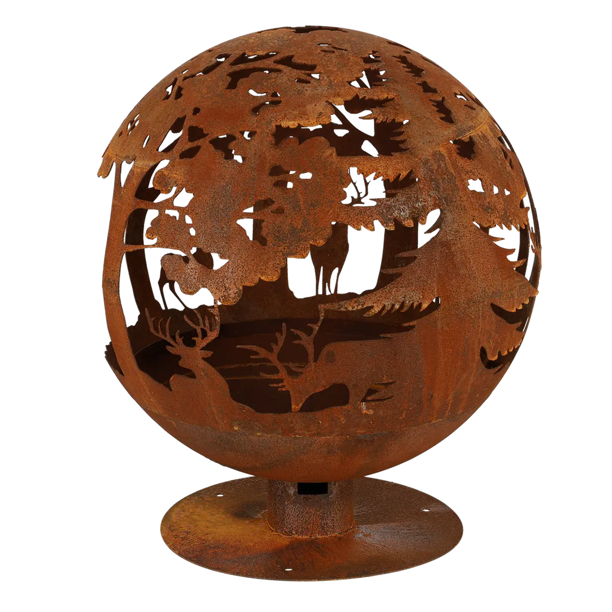 Outdoor scene featuring the fire ball laser cut rust woodland laser cut fire pit in use during a gathering.