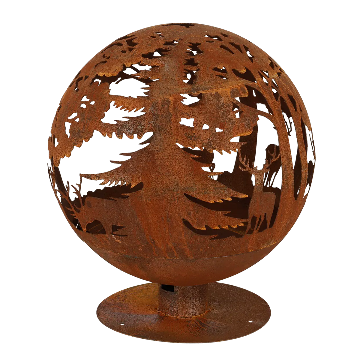 Stylish fire ball laser cut rust woodland placed in a garden setting, highlighting the laser cut fire pit design.