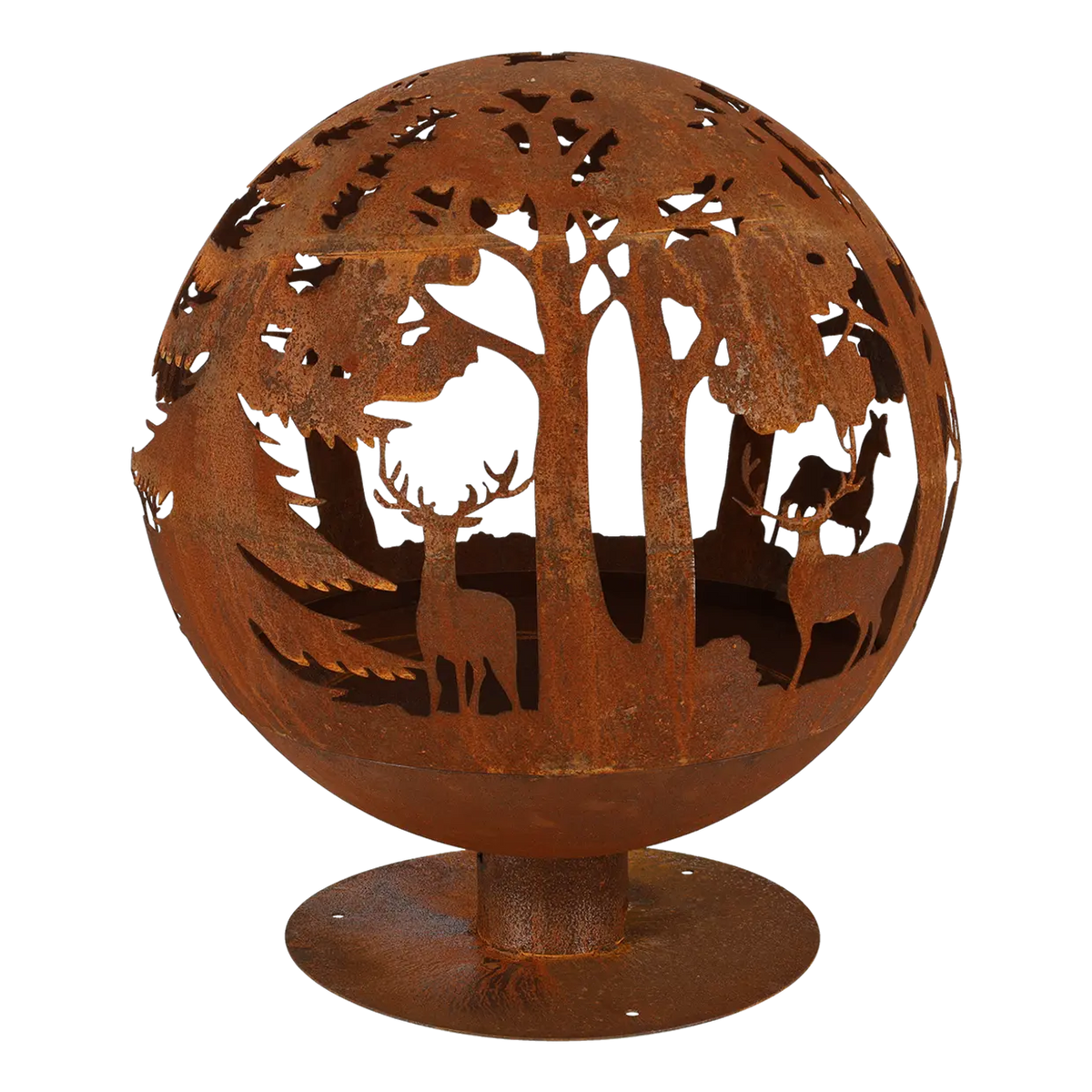 Fire ball laser cut rust woodland laser cut fire pit glowing at night, perfect for chilly evenings.
