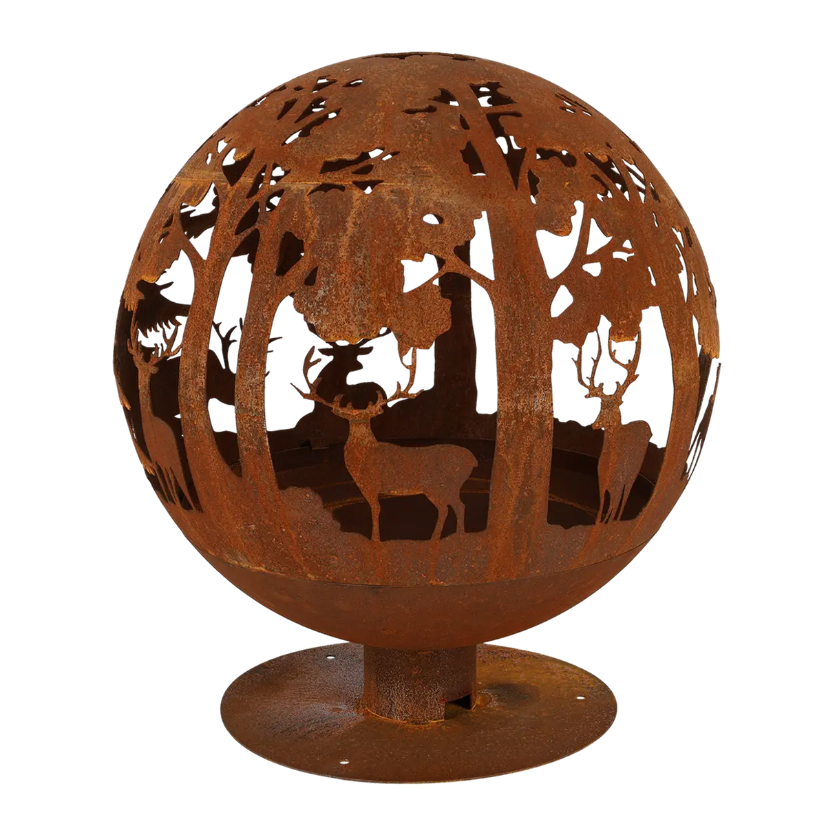 The fire ball laser cut rust woodland laser cut fire pit set against a rustic backdrop, ideal for gatherings.
